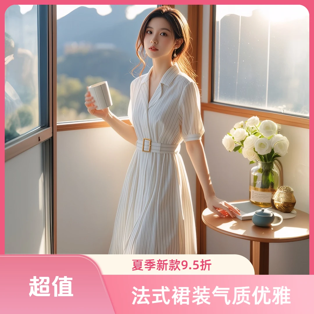 mnm5069法式西装领短袖条纹连衣裙女2025新款小个子职业气质a字裙