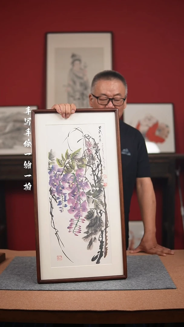 国画手绘-36*69实木框山水