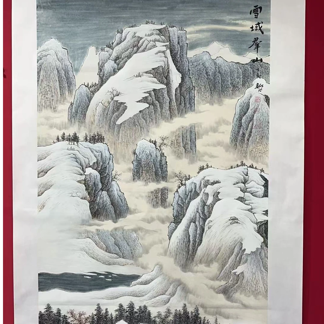 李新社六尺竖幅雪域群山手绘宣纸山水画