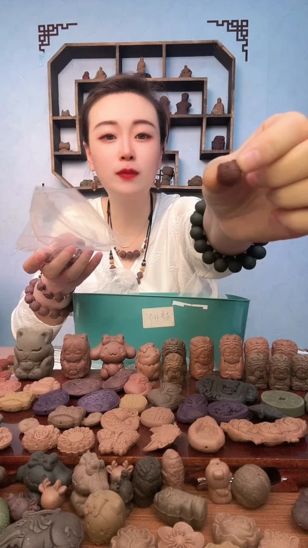 泥塑凝脂香福字猫16颗手串