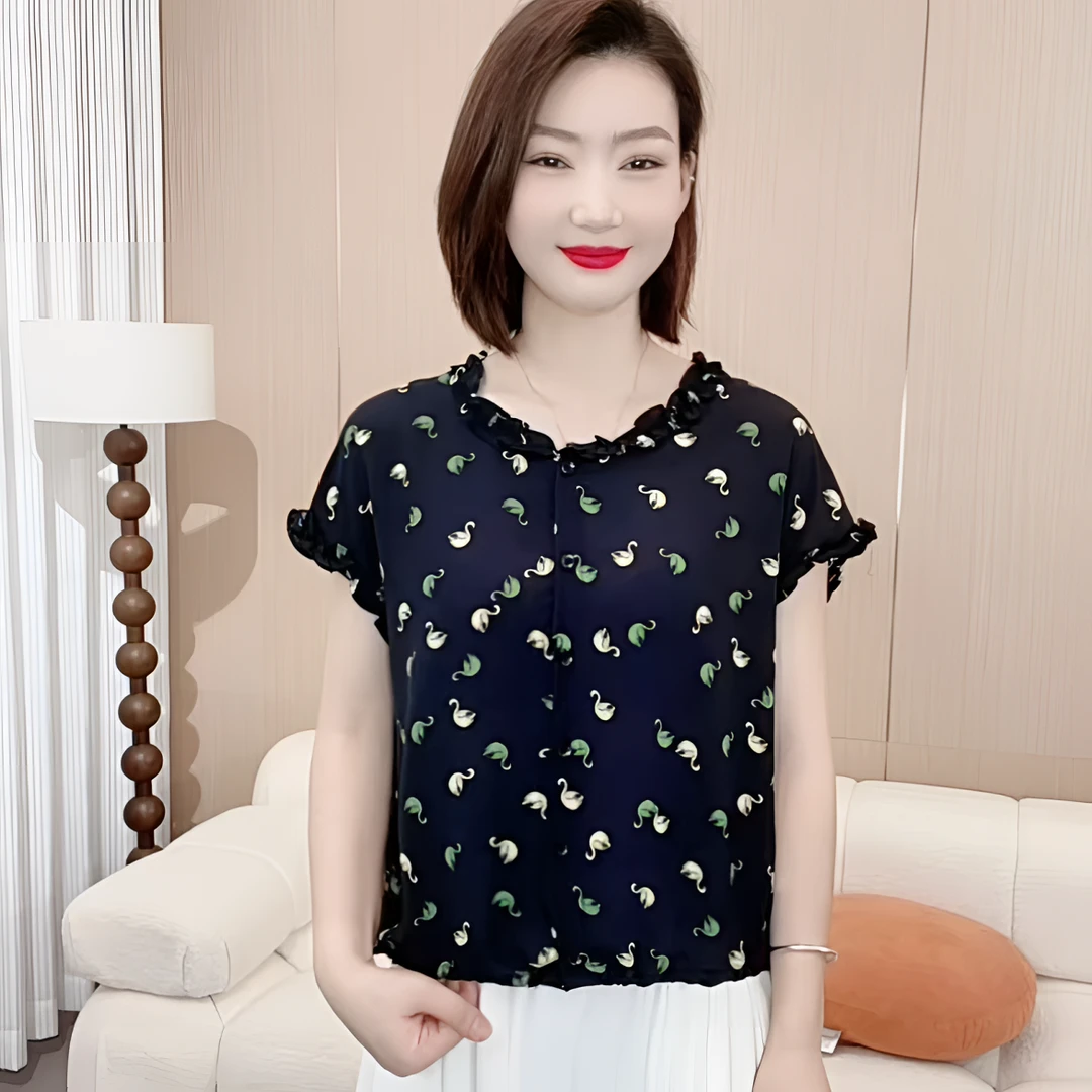 女士夏季时尚洋气新款极简风印花花边领气质休闲百搭短袖P7219