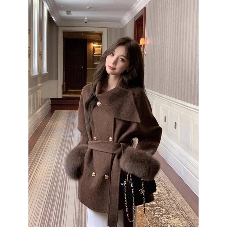 狐狸毛双面大衣女2025冬季新款富家千金风收腰毛呢外套小个子