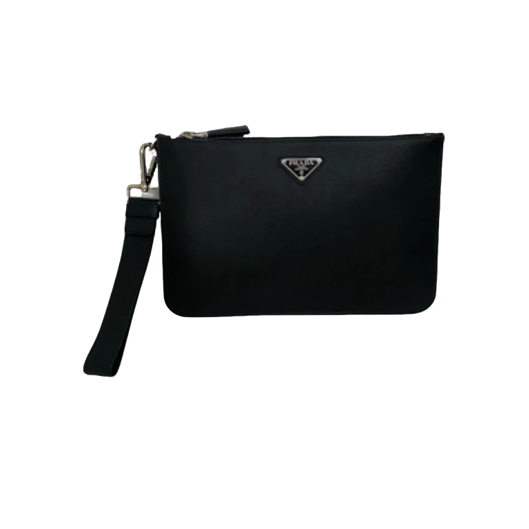 99新 Prada/普拉达 全皮黑色十字纹芯片款手拿包/811