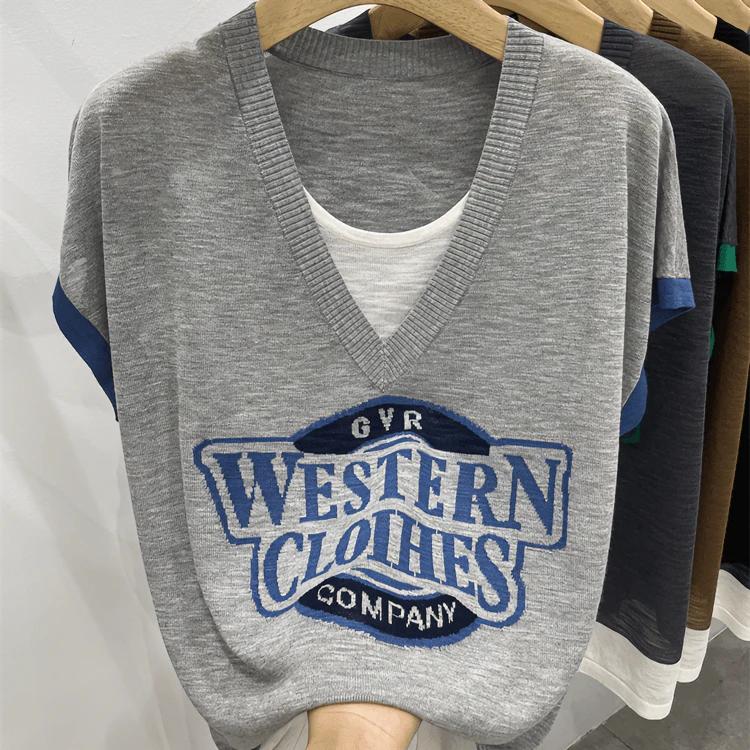 宽松遮肚【80-180斤】V领假两件冰丝短袖T恤女夏季时尚提花针织上衣