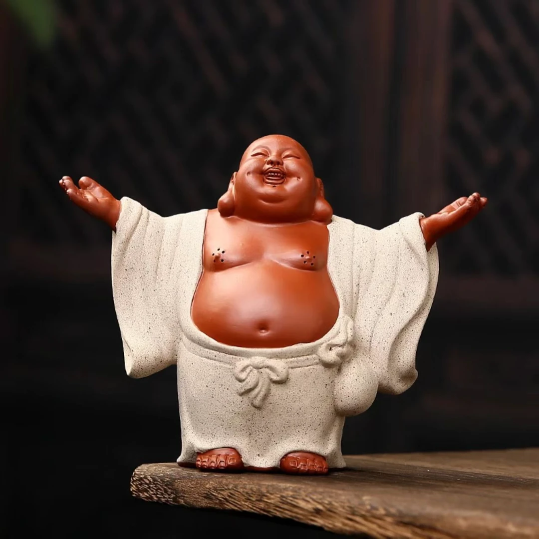 紫砂弥勒佛手工茶宠笑佛和尚造型茶室茶道家用摆设