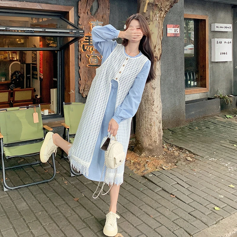 白色罩衫长裙春秋新款千金蓝色宽松休闲气质甜美一整套秋季连衣裙