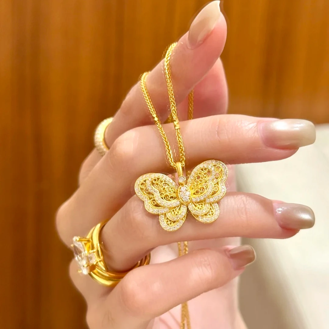 铜合金项链 新中式蝴蝶项链气质花丝镂空挂坠时尚锁骨链百搭