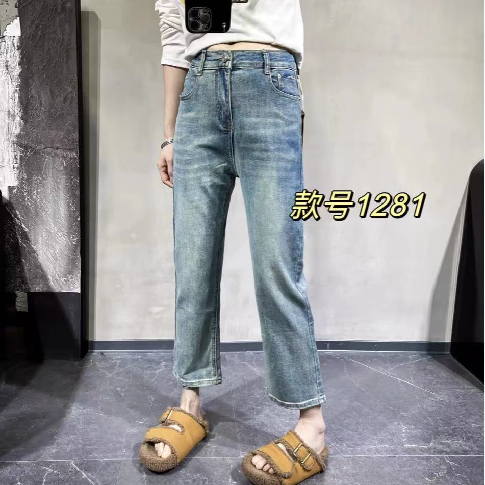 高腰做旧常规女牛仔裤时尚女装长裤百搭女士阔腿九分宽松1281