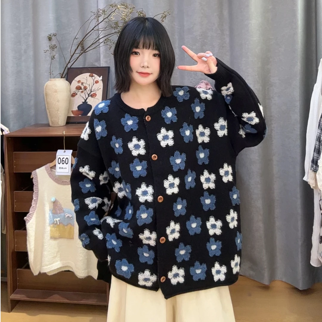 提花长袖宽松加厚时尚冬季休闲百搭女花朵毛针织衫