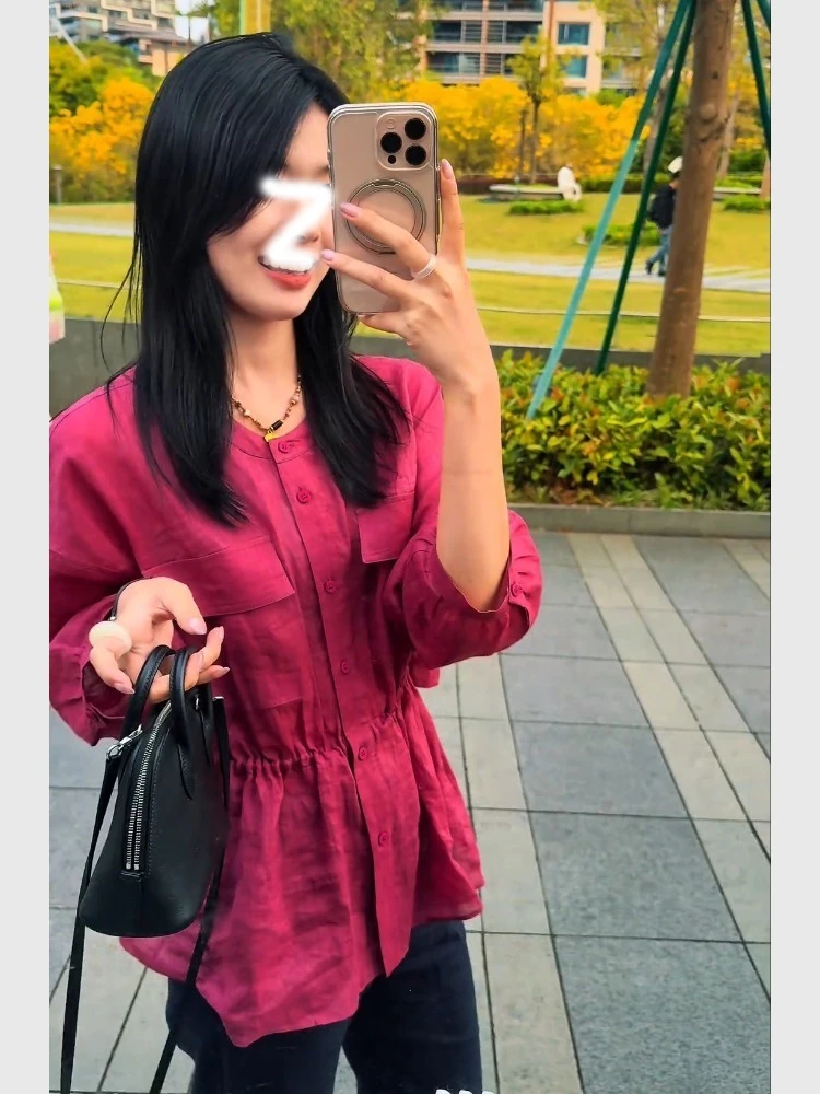 玫红色掐腰衬衫女防晒衬衫气质多巴胺高级独特别致夏日绝美小上衣