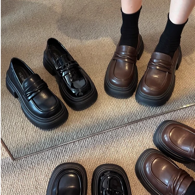 厚底英伦小皮鞋女2025新款春季百搭一脚蹬jk单鞋小个子增高乐福鞋