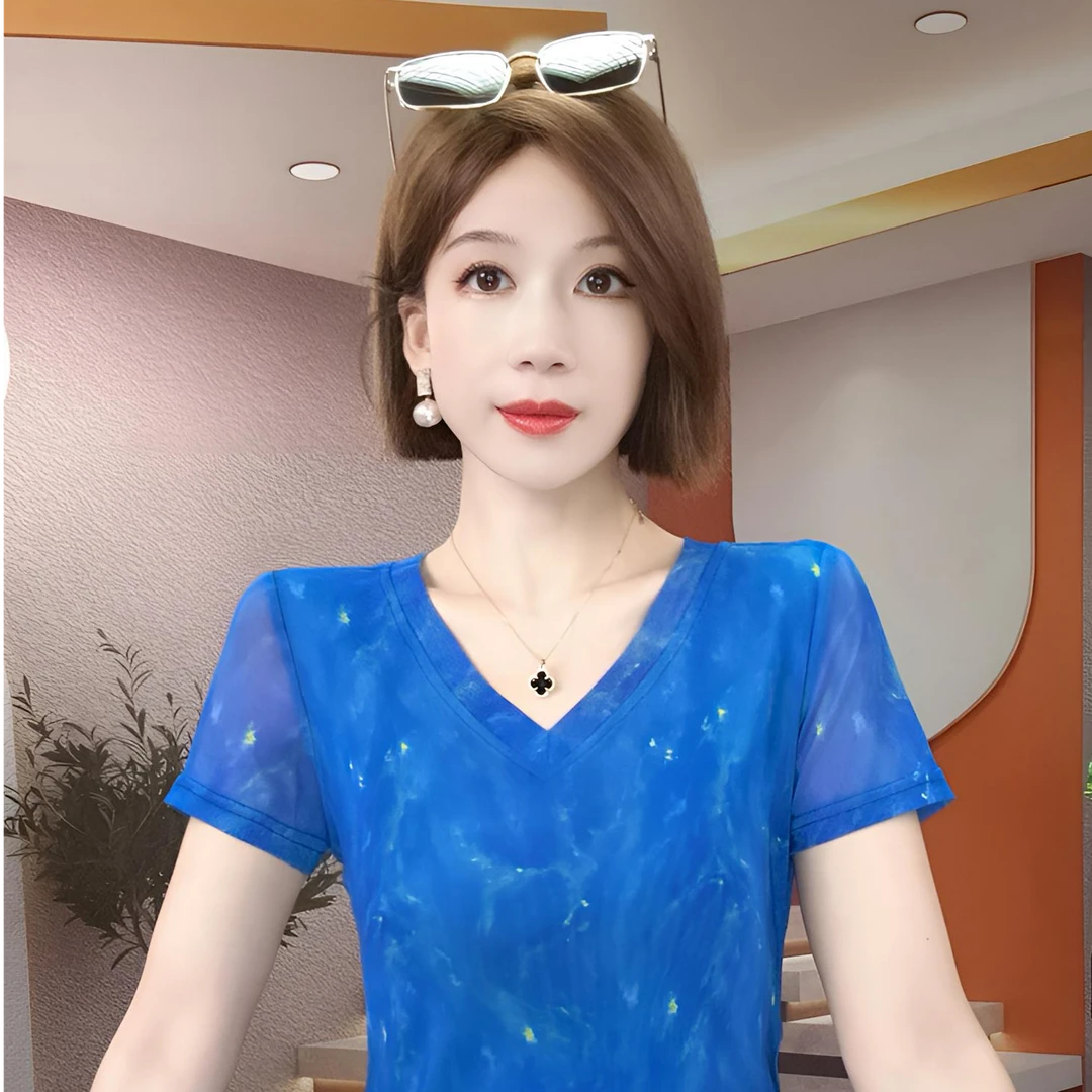 蓝色网纱V领t恤女装夏季薄款修身弹力内搭打底衫洋气小衫短袖上衣
