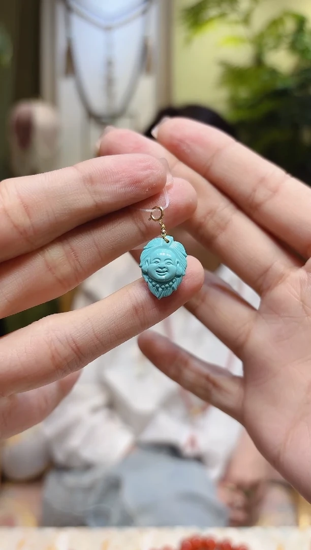 【闪购商品】绿松石挂件18K金镶嵌佛公叶子绿松挂件2号