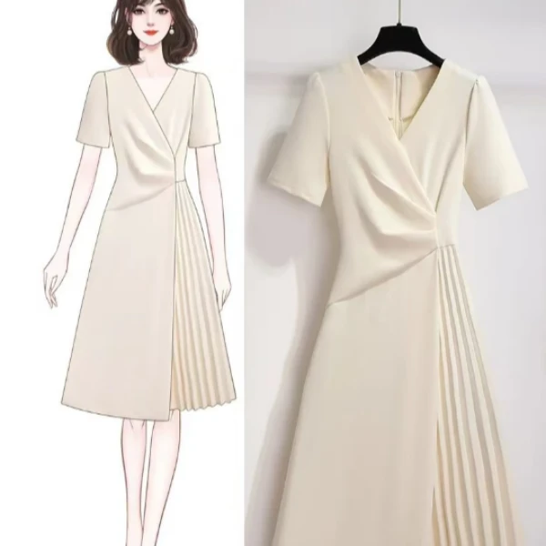 设计感白色V领短袖高腰轻熟风宽松腰连衣裙时尚夏季-2388