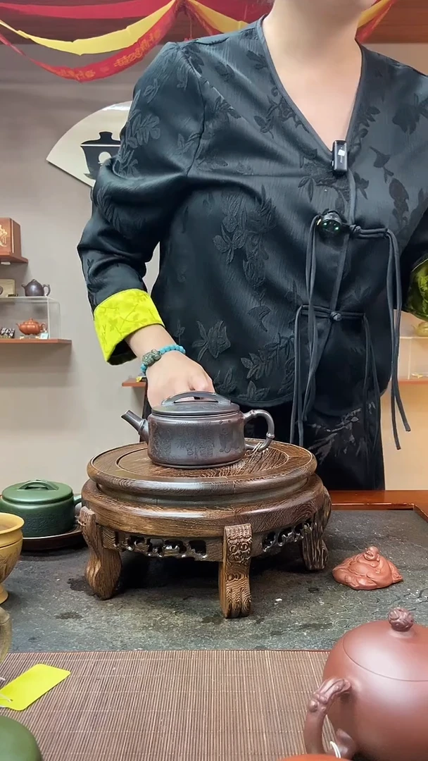 茶壶紫砂青竹熊猫大口汉瓦 古红泥