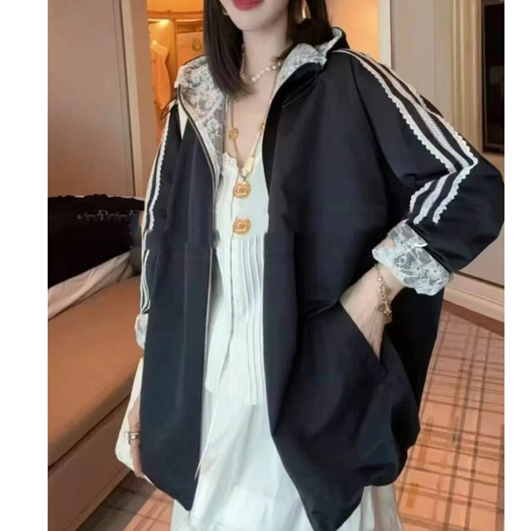 [麦霓严选]2025新款时尚百搭洋气宽松显瘦蕾丝连帽外套9064