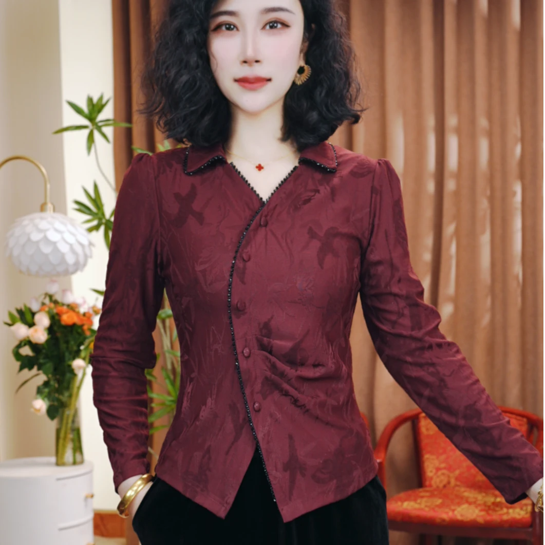 秋季新款休闲洋气长袖气质百搭不规则显瘦上衣翻领小衫