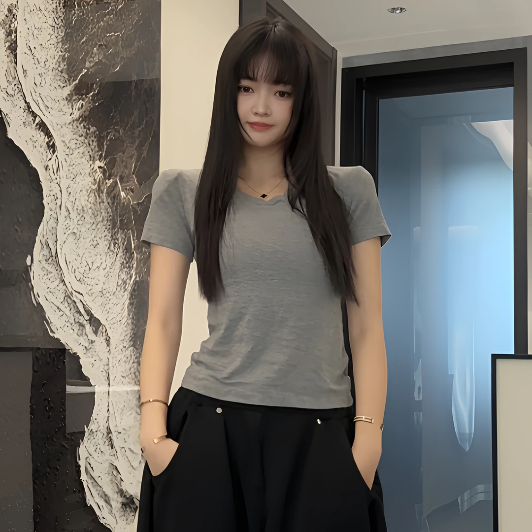 倪不叶【白色收腰V领短袖t恤】正肩女纯欲修身辣妹紧身上衣