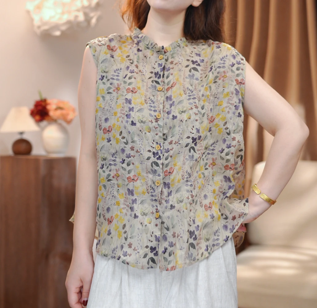 上衣女装100%苎麻无袖衬衫中国风夏季文艺成人印花宽松型00218