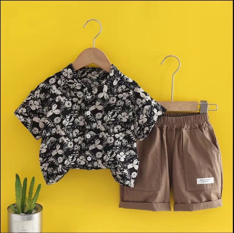 夏季男童2025新款儿童夏装套装衬衫短袖男孩网红酷帅两件套衣服潮