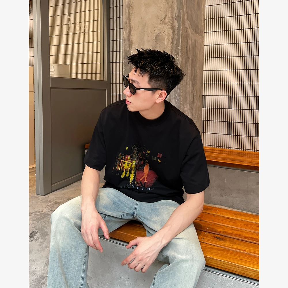 YIHAO STUDIO夏季新款男士时尚插画印花T恤纯棉宽松圆领休闲短袖