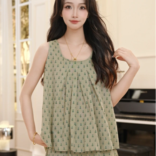 VINEEMAN【菠萝蜜多】睡衣女夏季无袖双短棉家居服ins显瘦短袖长裤