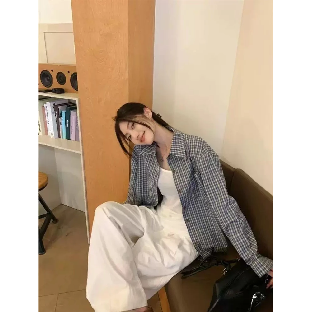 美拉德复古格子撞色长袖衬衫女2025年早春新款设计感小众宽松外套