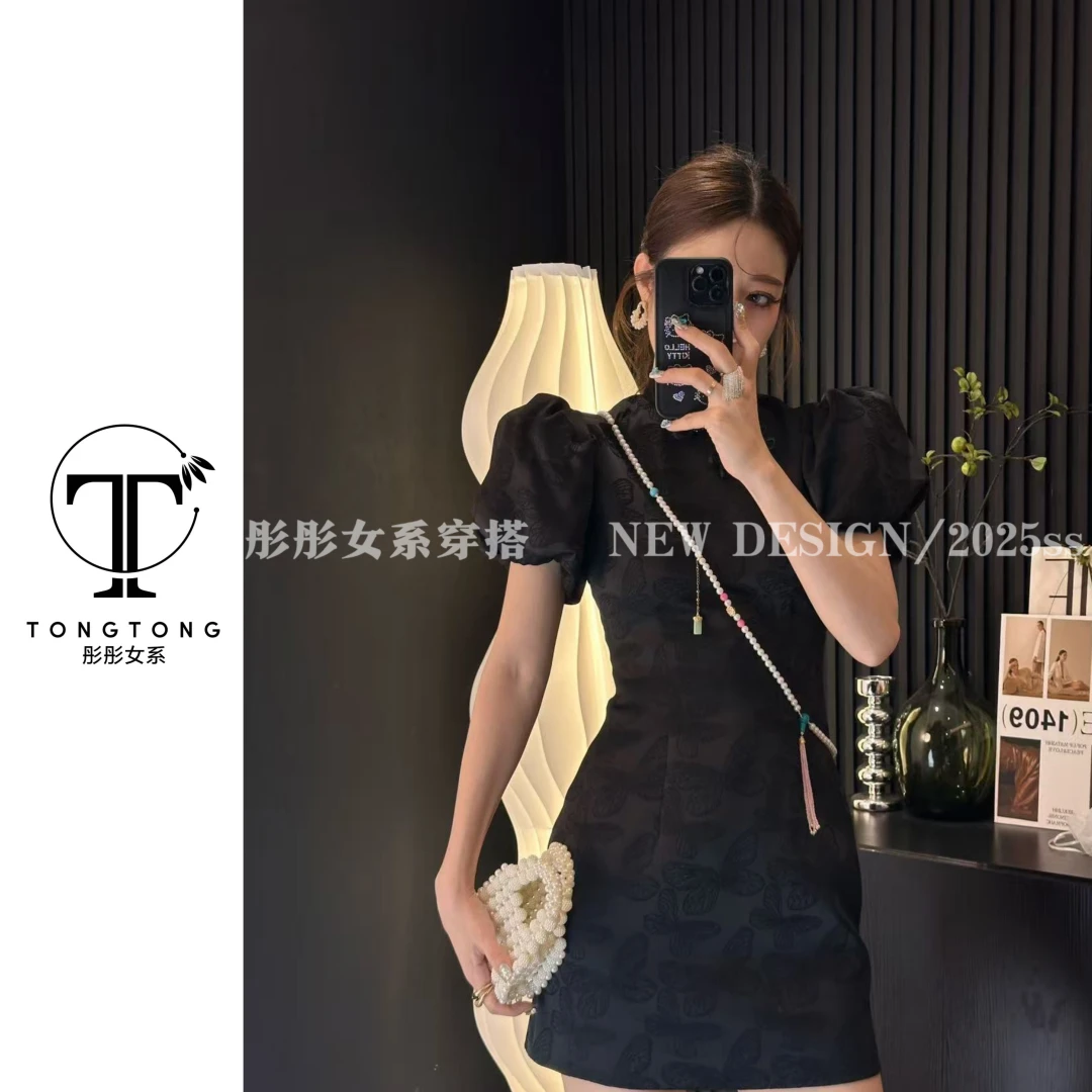 TongTong女系 旗袍连衣裙减龄收腰显瘦设计感中国风暗纹连衣裙