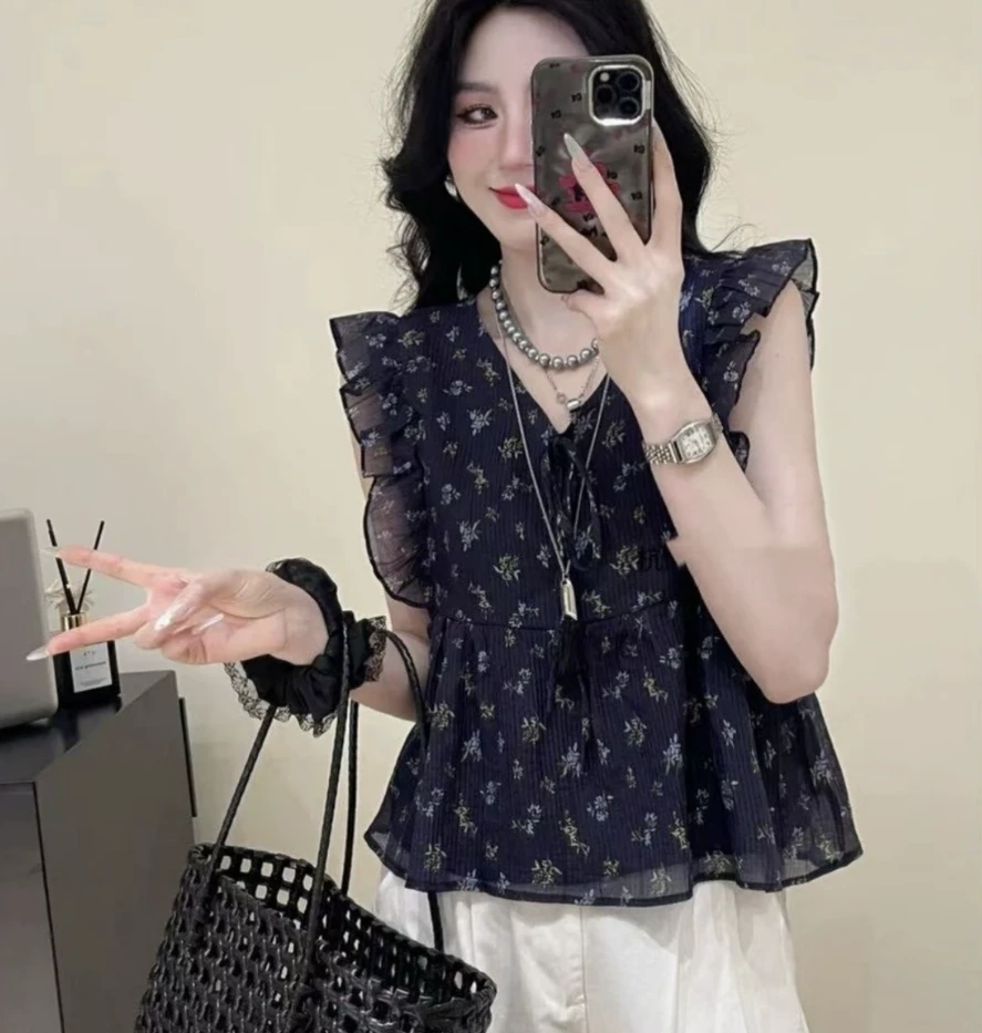 【9585】韩系木耳边定制面料碎花小领上衣t恤显瘦印花夏季