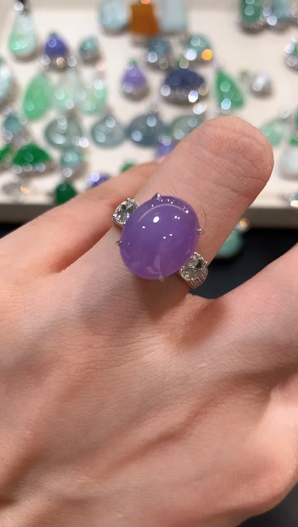 翡翠戒指18K金镶嵌m66紫色有色差