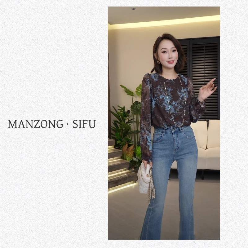 MANZONG·SIFU「倾心」时尚复古乔其剪花衬衫上衣2177