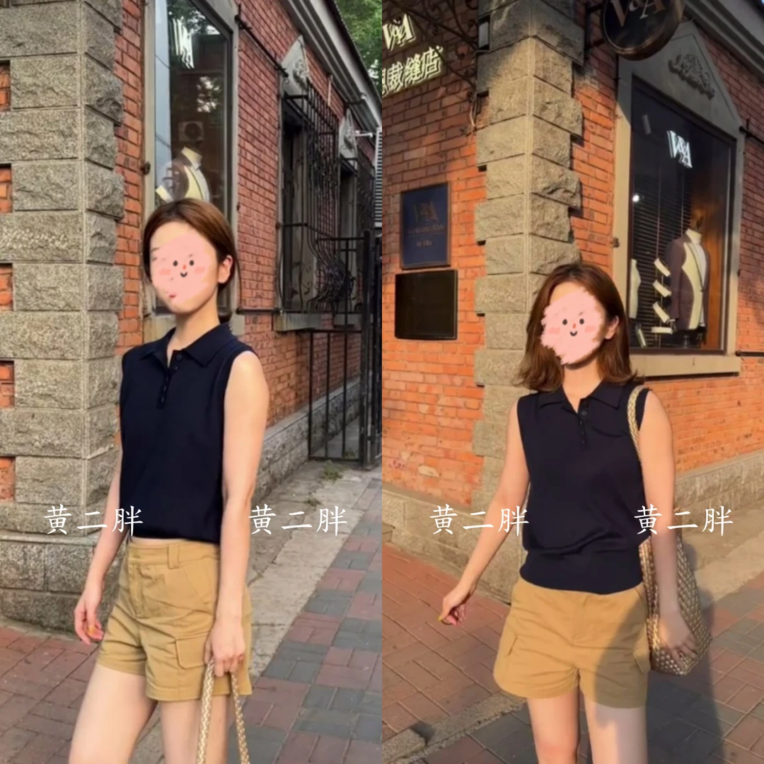 简约通勤polo领无袖背心上衣女+卡其色百搭短裤套装2025夏季新款