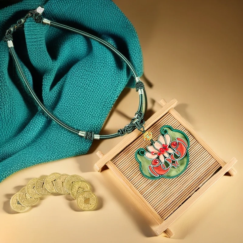 非金属布艺项链 项链首饰纯手工中国风吊坠百搭古法盘扣 鱼戏莲花