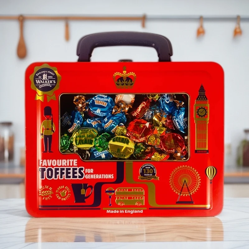 英国沃尔克斯什锦太妃糖308g混合5种风味手提箱造型红色铁盒送礼