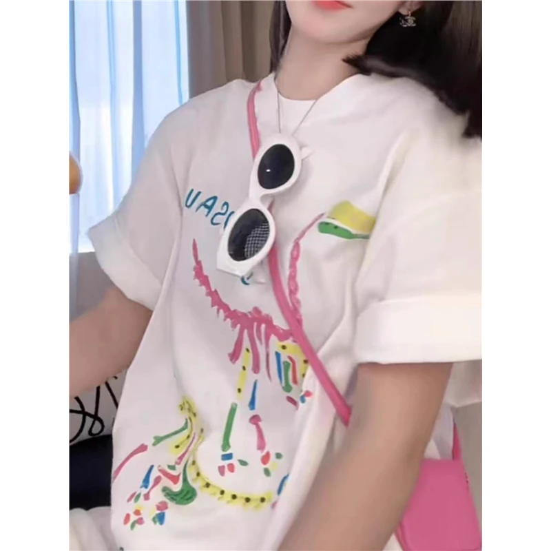 白色禅意气质款女装时尚独特别致彩色涂鸦印花短袖t恤宽松上衣夏