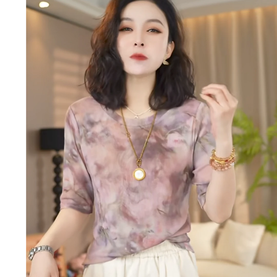 2025夏季新款圆领高级感气质显瘦百搭薄款干枯玫瑰设计感时尚上衣