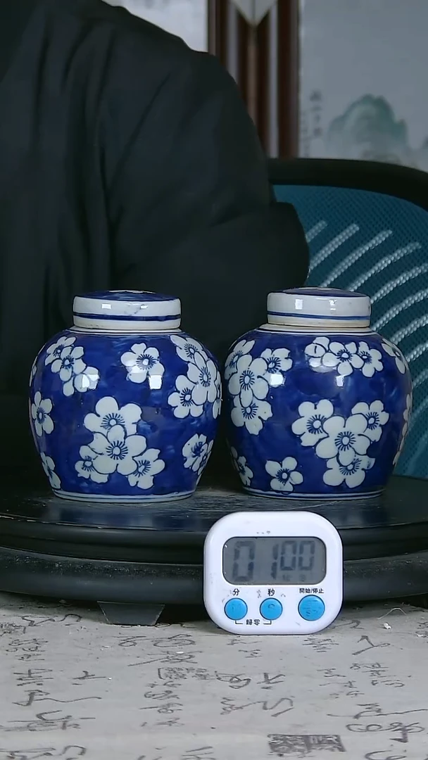 陶成**许青花精绘花卉图罐一对