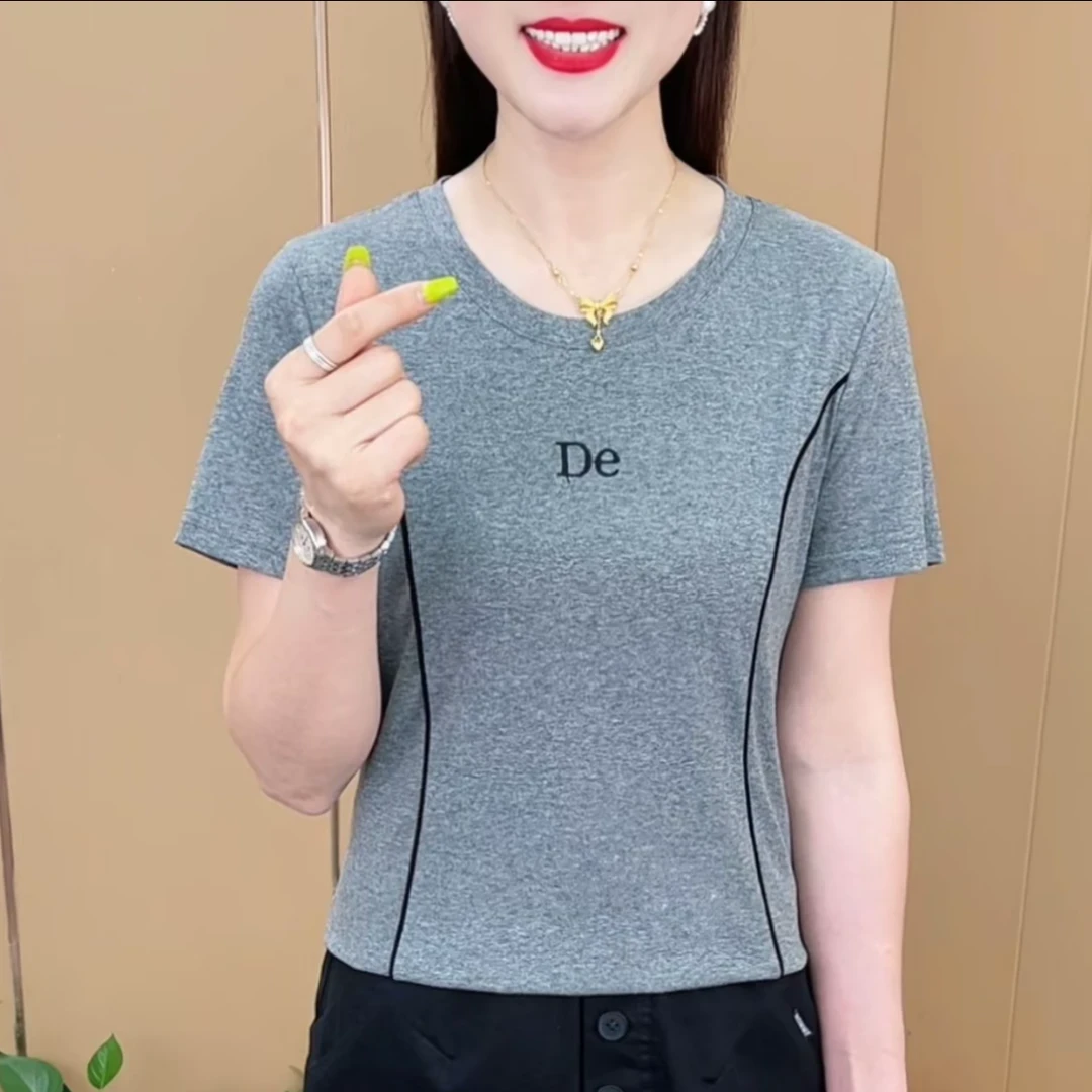夏季新款时尚圆领纯色韩版T恤休闲洋气气质百搭女士短袖上衣
