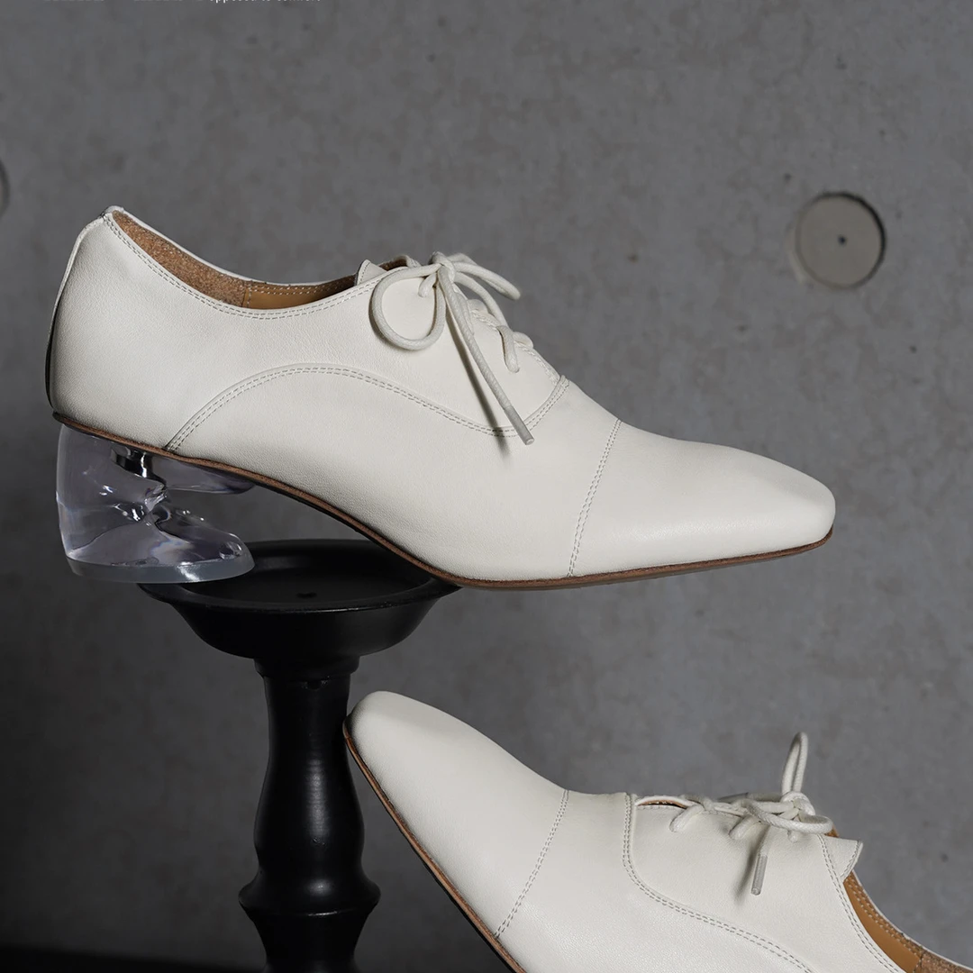 高档舒适百搭气质原创马皮方头布洛克德比鞋粗跟深口女单鞋真皮底