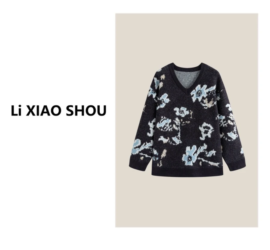 李小瘦大码女装【山茶花】精致休闲灰色简约提花秋套头冬毛衣0115D