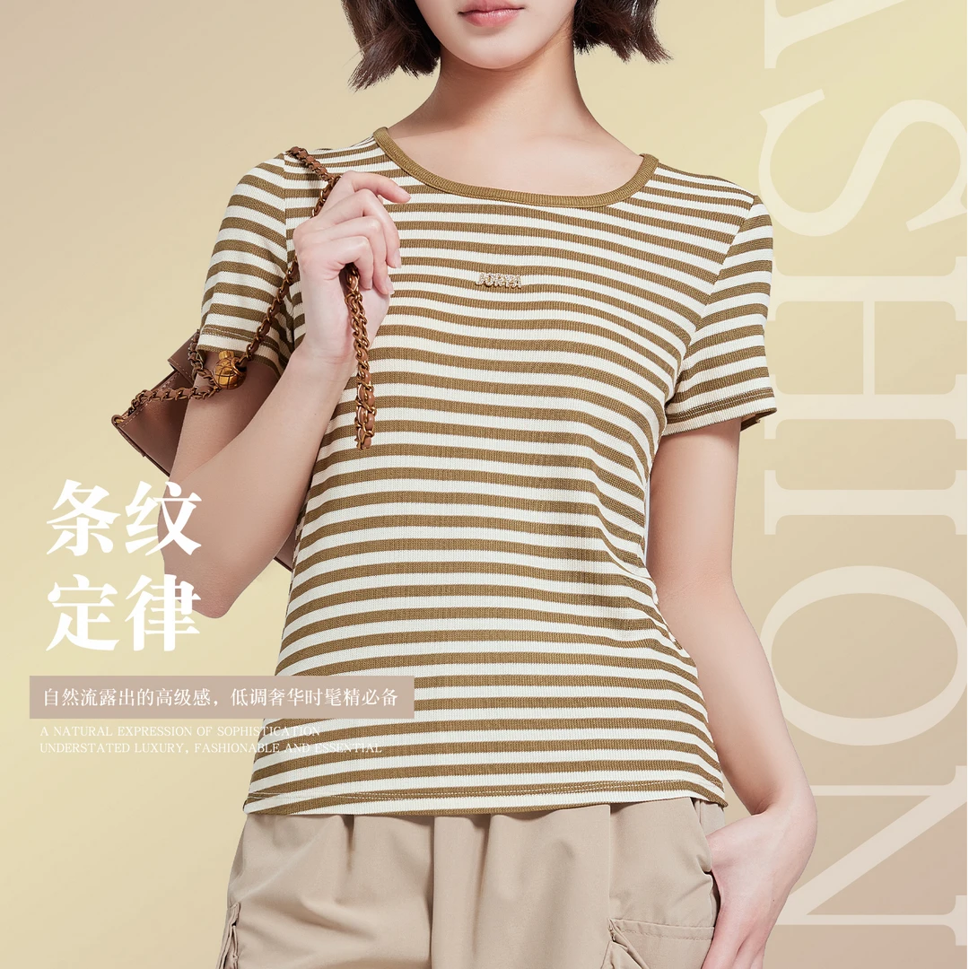 夏季新款女士撞色条纹时尚简约透气舒适凉感宽松显瘦圆领T恤90302