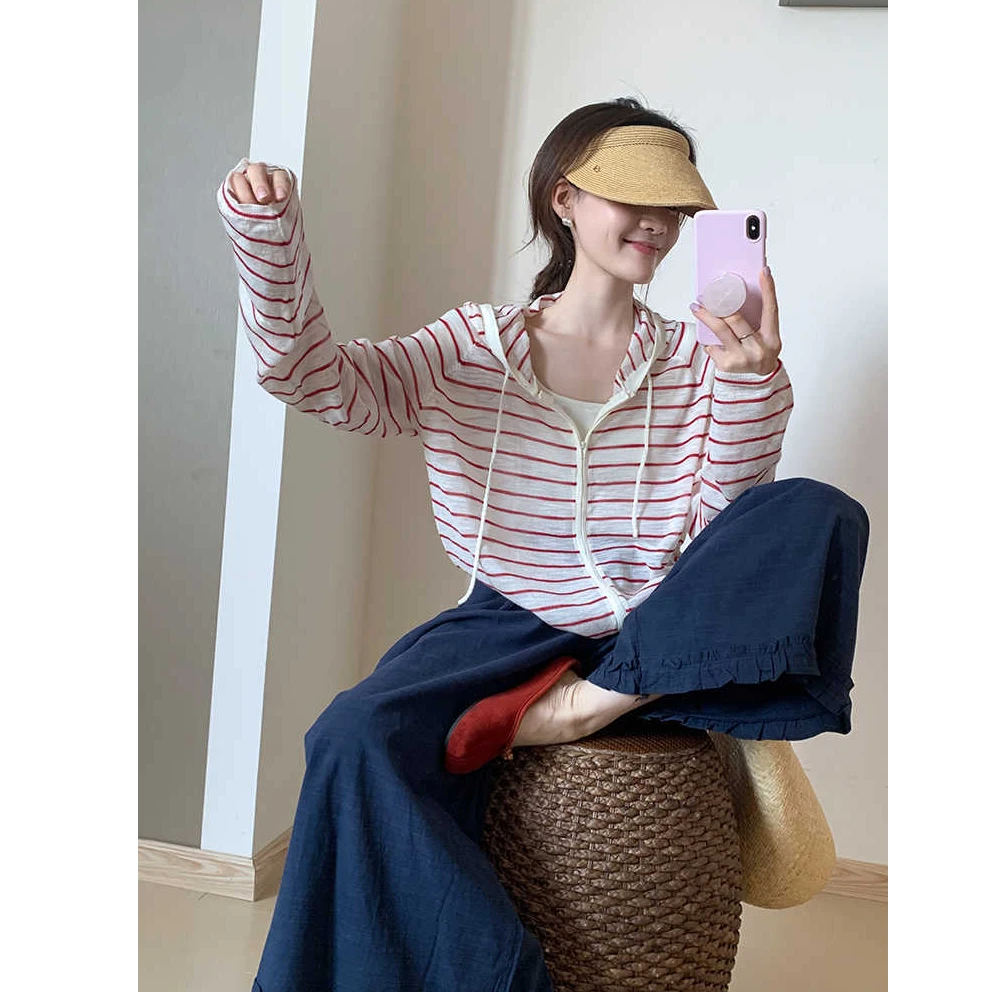 学院风减龄夏季连帽条纹防晒衫女宽松薄款外穿针织空调开衫外套潮