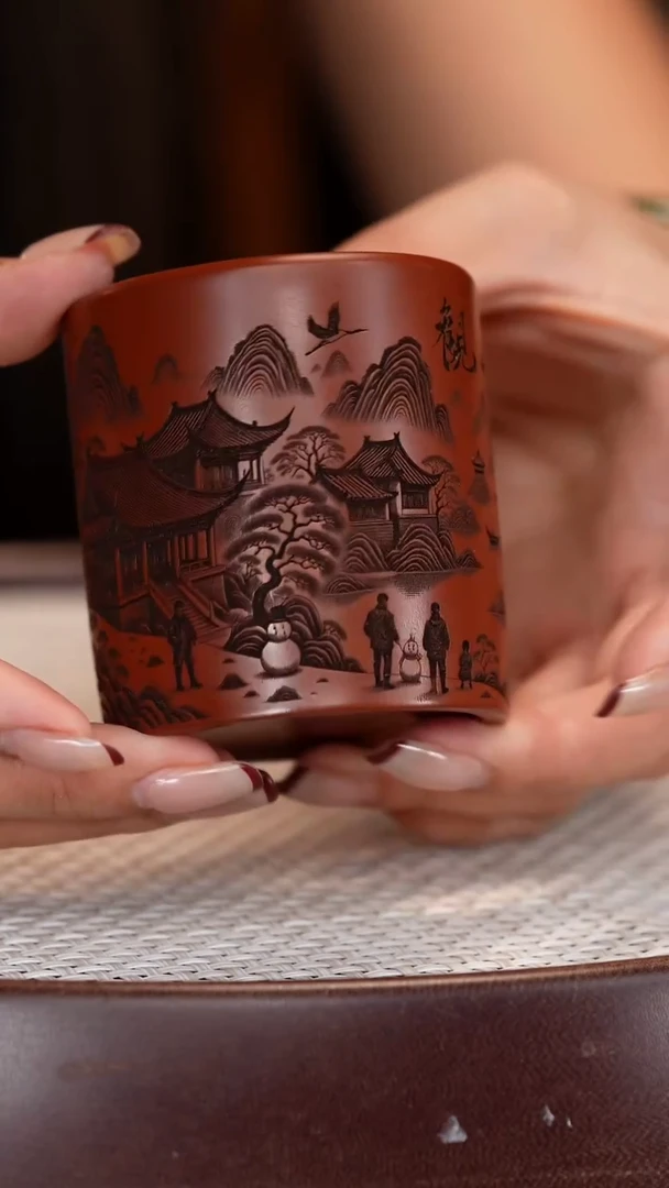 紫砂茶杯朱泥山水杯