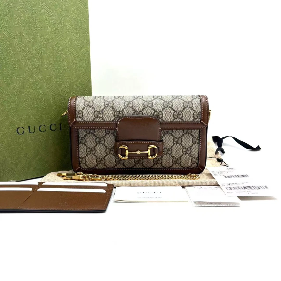 未使用 GUCCI/古驰  乌木色拼棕色斜挎单肩包 马衔扣可拆卸肩带
