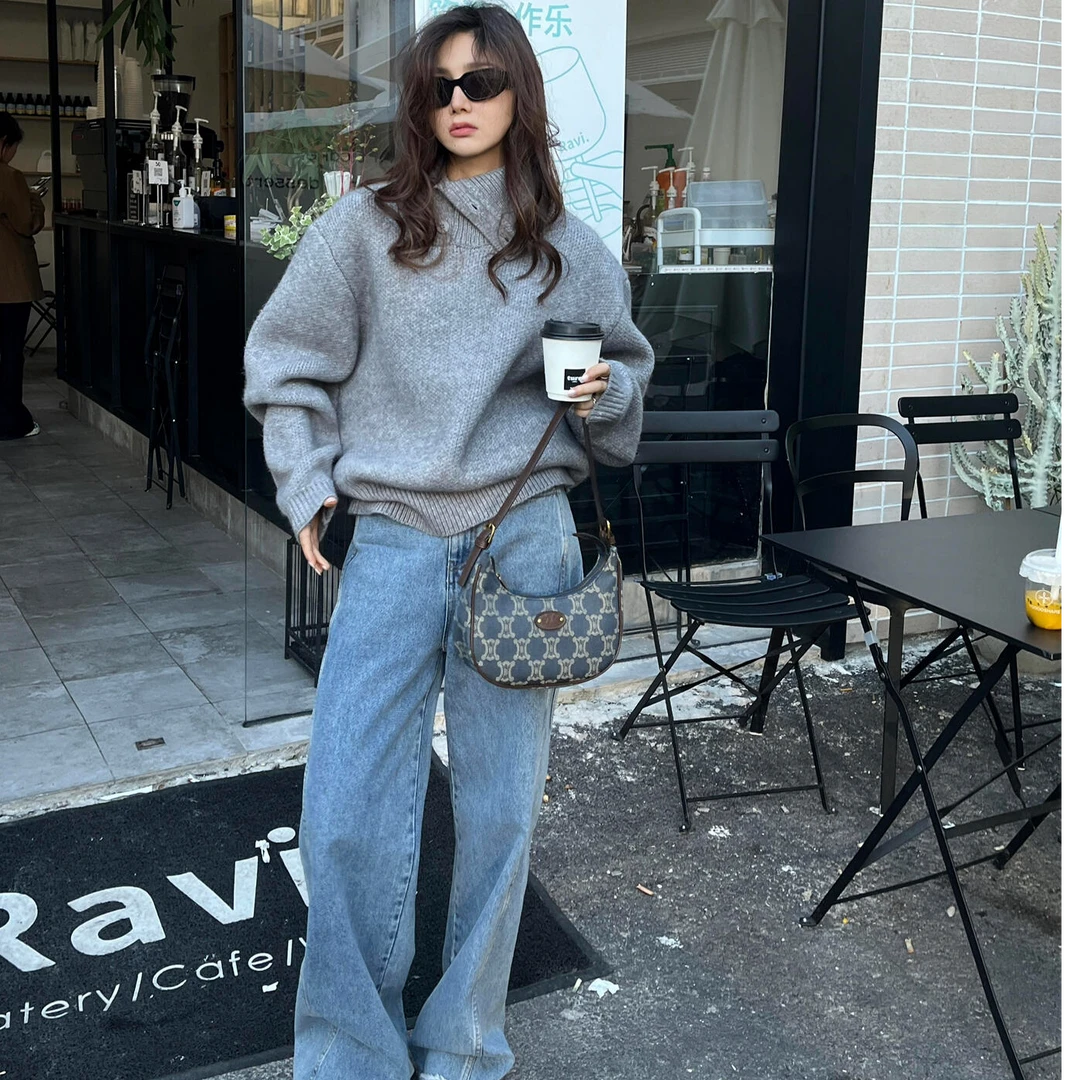 长袖气质显瘦针织上衣宽松洋气休闲百搭性感辣妹外穿长裤时尚套装