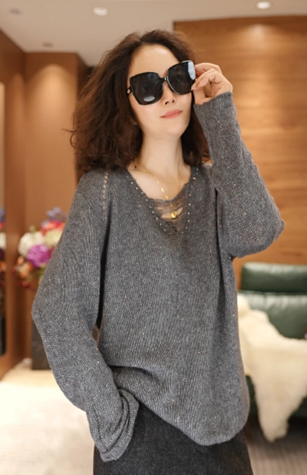 JIUER天丝醋酸山羊 绒羊 毛简约镂空V领套头钻针织衫18858