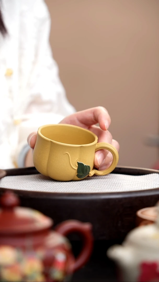 茶壶紫砂黄金段南瓜手把杯绿叶子