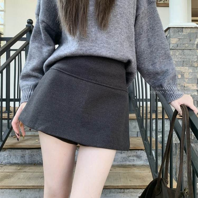 毛呢短裙裤秋冬新款小个子高腰显瘦百搭防走光a字包臀半身裙短裤