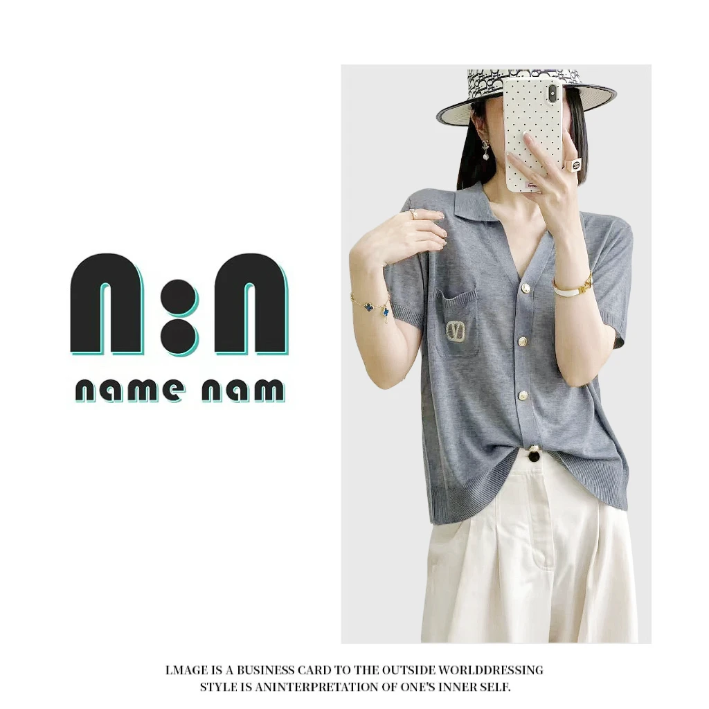 【DOUR&GAREY】莱赛尔刺绣气质薄款V领百搭翻领针织半袖-268