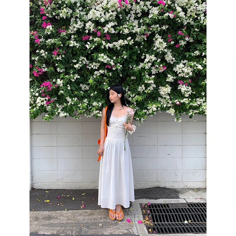 【HRG清仓】白色薄款裙子小众长款吊带裙251Q0369#